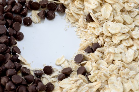 raw material chocolate chip closeup shot for with oat seed. Lots of copy space.の写真素材