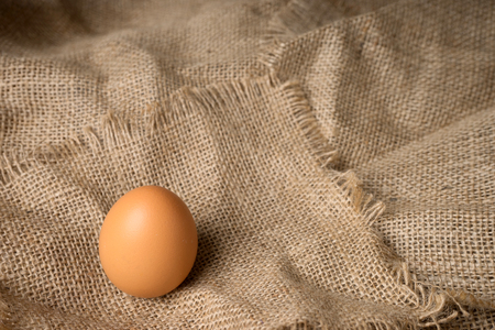one egg on burlap material background hessian with frayed edgesの写真素材