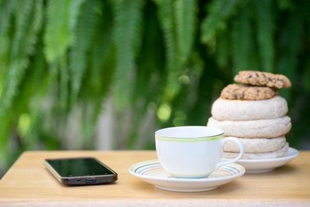cup of coffee with brad cookie on wood table green fern background