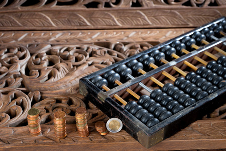 Abacus on Thai style teak wood carving background texture