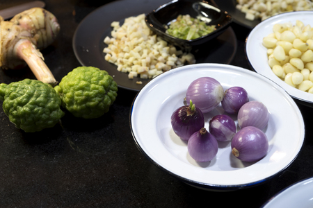 Onion garlic  in white dish with  young green plumule and Bergamot ginger galangal many herb on marble tableの写真素材