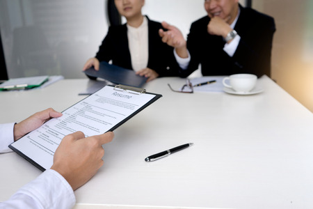 Manager boss and staff sitting to job interview a new worker