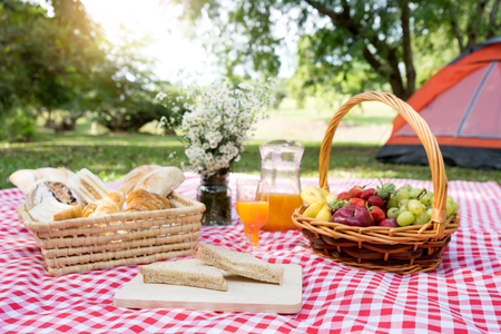 picnic bread croissant basket with fruit on  red white cloth and vase flower with jar of orange juiceの写真素材