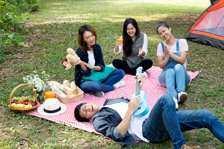 group man woman use time together picnic in the park joy with guitarの写真素材