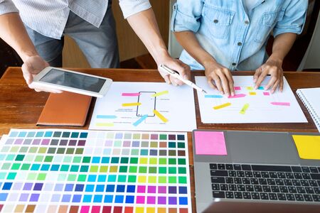 Group of young designer working in the office to design a new product, use color chart and computer laptop for new smartphone design conceptの写真素材