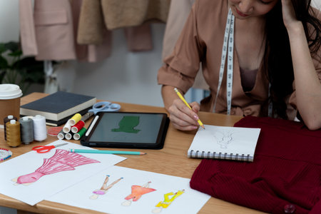 young woman designer drawing clothes using electronic  pencil tablet and sewing tools at work desk with determinationの写真素材
