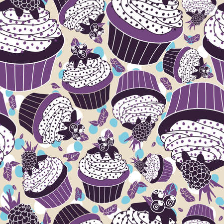 Vector delicious purple blackberry blueberry cupcake seamless pattern on the cream background. Perfect for fabric, scrapbooks, wallpaper projects.のイラスト素材