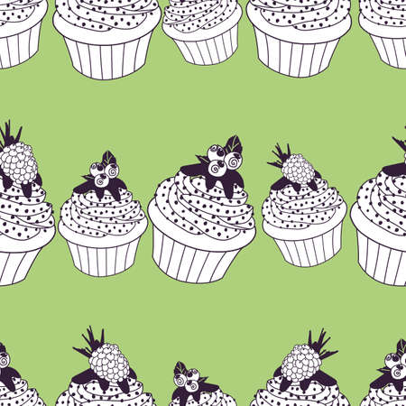 Vector Green purple berry cupcakes seamless pattern background. Perfect for fabric, scrapbooking, wallpaper projects.のイラスト素材