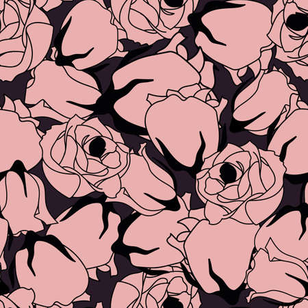Vector pink black roses flowers seamless pattern on the purple background. Perfect for fabric, scrapbooking, wallpaper projects.のイラスト素材