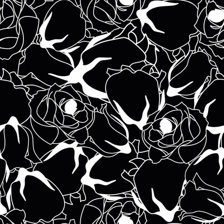 Vector black and white roses flowers seamless pattern on the black background. Perfect for fabric, scrapbooking, wallpaper projects.のイラスト素材