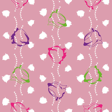 Vector colorful neon pink green purple roses flowers seamless pattern on the pink background. Perfect for fabric, scrapbooking, wallpaper projects.のイラスト素材