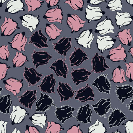 Vector pink black and white roses flowers seamless pattern on the dark background. Perfect for fabric, scrapbooking, wallpaper projects.のイラスト素材
