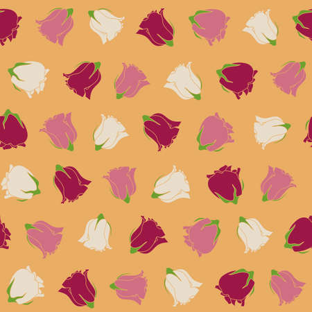 Vector Pink red white roses flowers seamless pattern on the yellow background. Perfect for fabric, scrapbooks, wallpaper projects.のイラスト素材