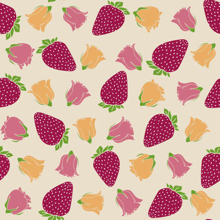 Vector strawberry rose seamless patterns design background. Perfect for fabric, scrapbooking, wallpaper projects.のイラスト素材