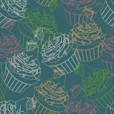 Colorful neon strawberry cupcake seamless pattern background. Perfect for fabric, scrapbooking, wallpaper projects.のイラスト素材