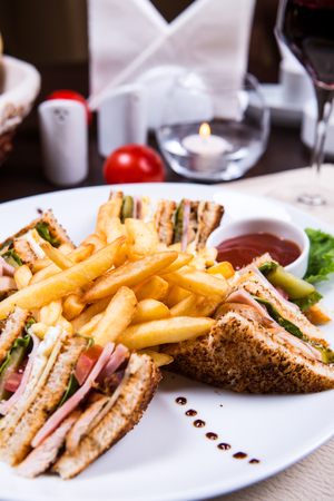Four sandwiches on the plate with french fries.の写真素材