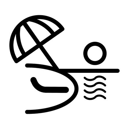 Ocean or sea beach, vector. Black and white vector illustration of sea shore with umbrella, chaise longue.のイラスト素材