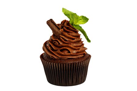 Chocolate sweet cupcake with mint and canella on a white background.の写真素材