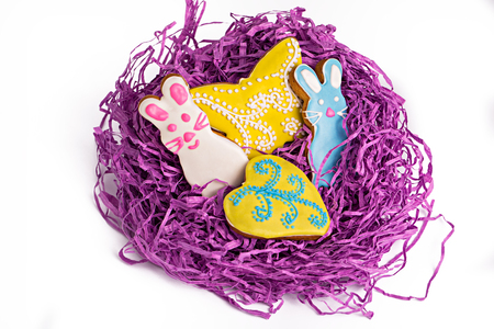 Closeup of tasty Gingerbread colorful figure cookies isolated on whiteの写真素材