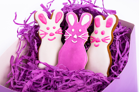 Easter bunnies. Gingerbread easter cookies in shape of bunny. White backgroundの写真素材