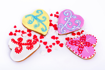 Easter cokkie. Gingerbread easter cookies in shape of heart. White background.の写真素材