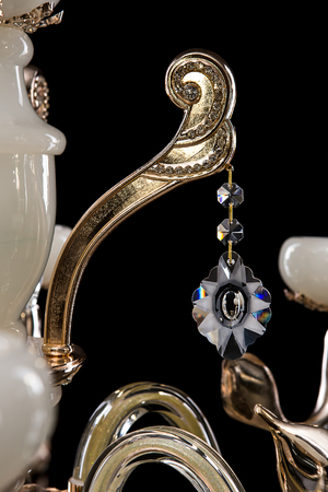 Contemporary glass crystal chandelier isolated on black background. close-up chandelier.の写真素材