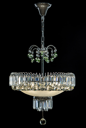 Contemporary silver chandelier isolated on black background. Crystal chandelierの写真素材
