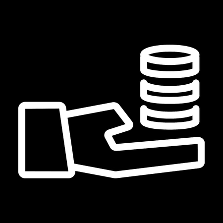 Hand holding a stack of coins vector icon. Black and white coin illustration. Outline linear money icon.のイラスト素材