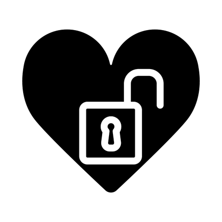 Heart open lock vector icon. Black and white love illustration. Solid linear icon of heart.のイラスト素材