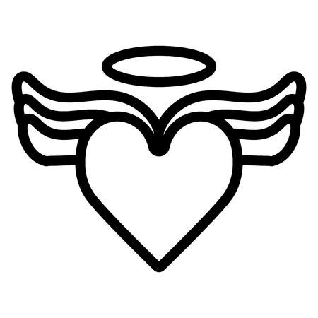 heart with wings and halo on top vector icon. Black and white love illustration. Outline linear icon of heart.のイラスト素材