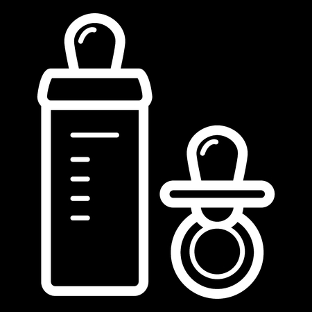 Baby pacifier and bottle vector icon. Black and white baby dummy illustration. Outline linear icon.のイラスト素材
