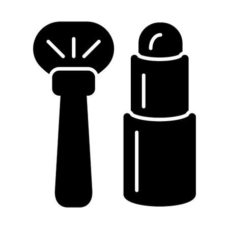 Brush and lipstick simple vector icon. Black cosmetics illustration on white background. Solid linear beauty icon.のイラスト素材