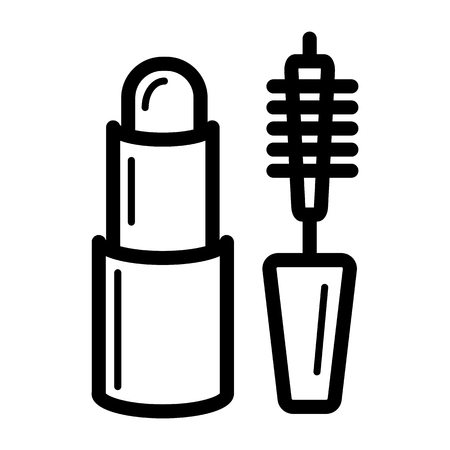 Mascara and lipstic vector icon. Black decorative cosmetic illustration on white background. Outline linear beauty icon.のイラスト素材