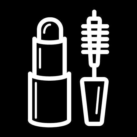Mascara and lipstic vector icon. White decorative cosmetic illustration on black background. Outline linear beauty icon.のイラスト素材