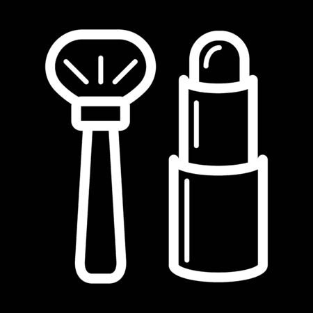 Brush and lipstick simple vector icon. White cosmetics illustration on black background. Outline linear beauty icon.の写真素材