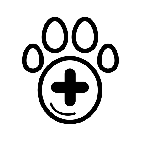 The pet paw and plus sign simple vector icon. Black and white illustration of veterinary hospital. Outline linear icon.のイラスト素材