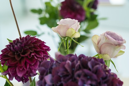Close-up purple flowers in the vase on the table.の写真素材