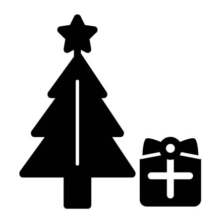 New Year tree with star and gift linear icon. Thin line illustration. Decorated Christmas tree with present solid symbol. Vector iconのイラスト素材