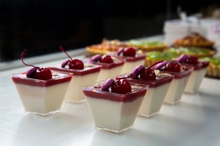 Panna cotta with red jelly and cherry in cocktail glass. The creamy portioned pannacotta in glasses.の写真素材