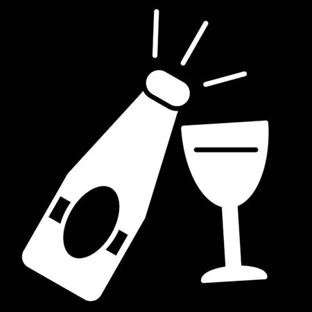 Champagne bottle with glass line icon on black background. New year symbol. Solid icon of Champagne.のイラスト素材