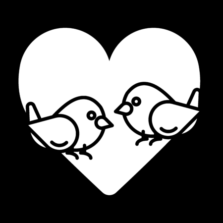 Love birds with heart icon vector, flat sign, solid pictogram isolated on black. Valentines Day lover bird symbol, logo illustration.のイラスト素材