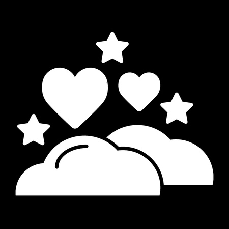 Clouds, hearts and stars icon, sleep dreams symbol. Night of love time sign thin vector icon isolated on black solid design.のイラスト素材