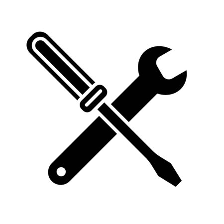 Wrench and screwdriver icon isolated on white background. Flat vector linear icon. Solid design. Service center symbol.のイラスト素材