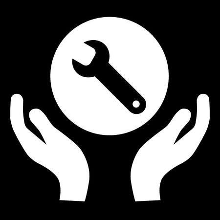 wrench in hands line icon. Technical support. Repair service. Flat simple solid illustration isolated on black.のイラスト素材