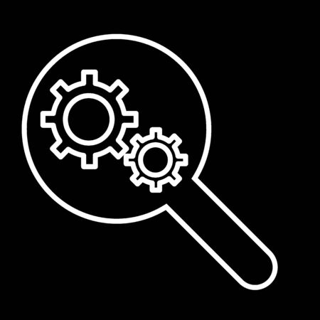 Magnifying glass with gears. Vector icon isolated on black. Flat linear contour icon. Eps 10のイラスト素材