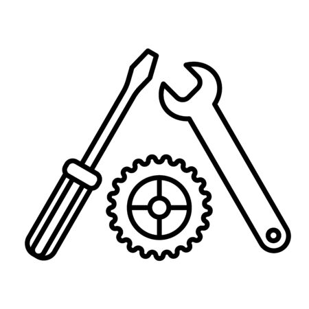 Settings, Screwdriver, Wrench and gear icon vector. Tool icon isolated on white. Service symbol. Flat contour icon.のイラスト素材