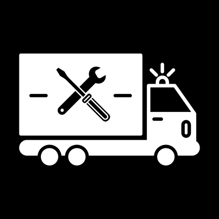 repair sign of auto service with truck and spanner silhouette. Vector icon. Flat solid icon isolated on black.のイラスト素材
