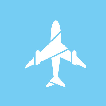 Icon of white airplane on blue background vector illustration. Airport icon, airplane shape. Flat white airplane icon. Vector design element for icon, web and print.のイラスト素材