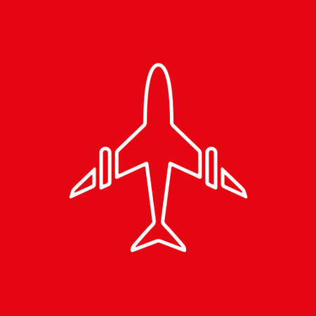 Icon of airplane, plane on red background vector illustration. Airport icon, airplane shape. Flat airplane. White airplane icon. Vector design element for icon, web and print.のイラスト素材