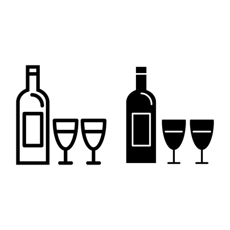 Bottle of wine and two glasses line and glyph icon. Wine bottle vector illustration isolated on white. Glass outline style design, designed for web and app.のイラスト素材